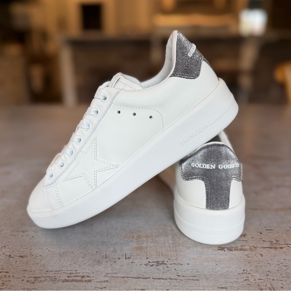 Golden Goose Shoes - Golden Goose Pure-Star White Sneakers with Gray Glitter Heel Size 37